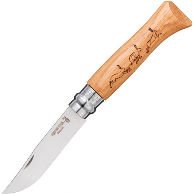 Нож OPINEL №8 ANIMALIA, нержавеющая сталь, рукоять дуб, гравировка заяц 001623